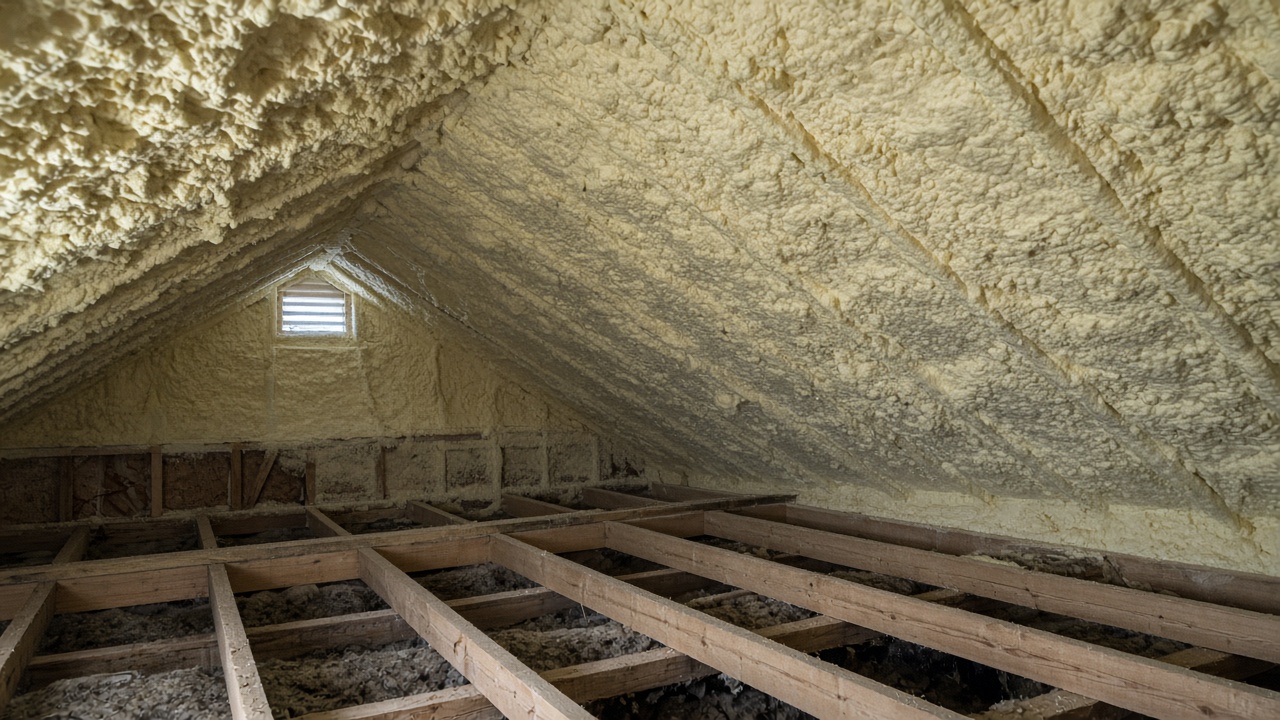 Completed spray foam insulation covering an attic roof deck