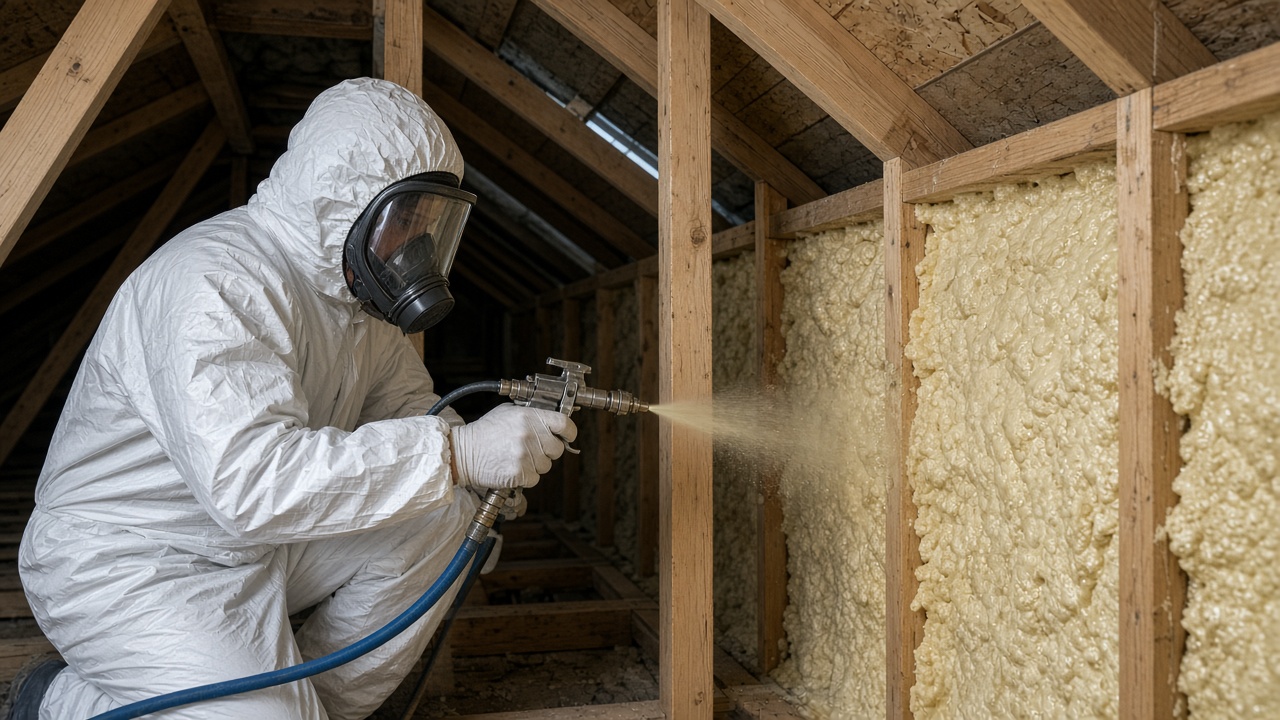 Installer in protective gear spraying foam insulation into wall cavities